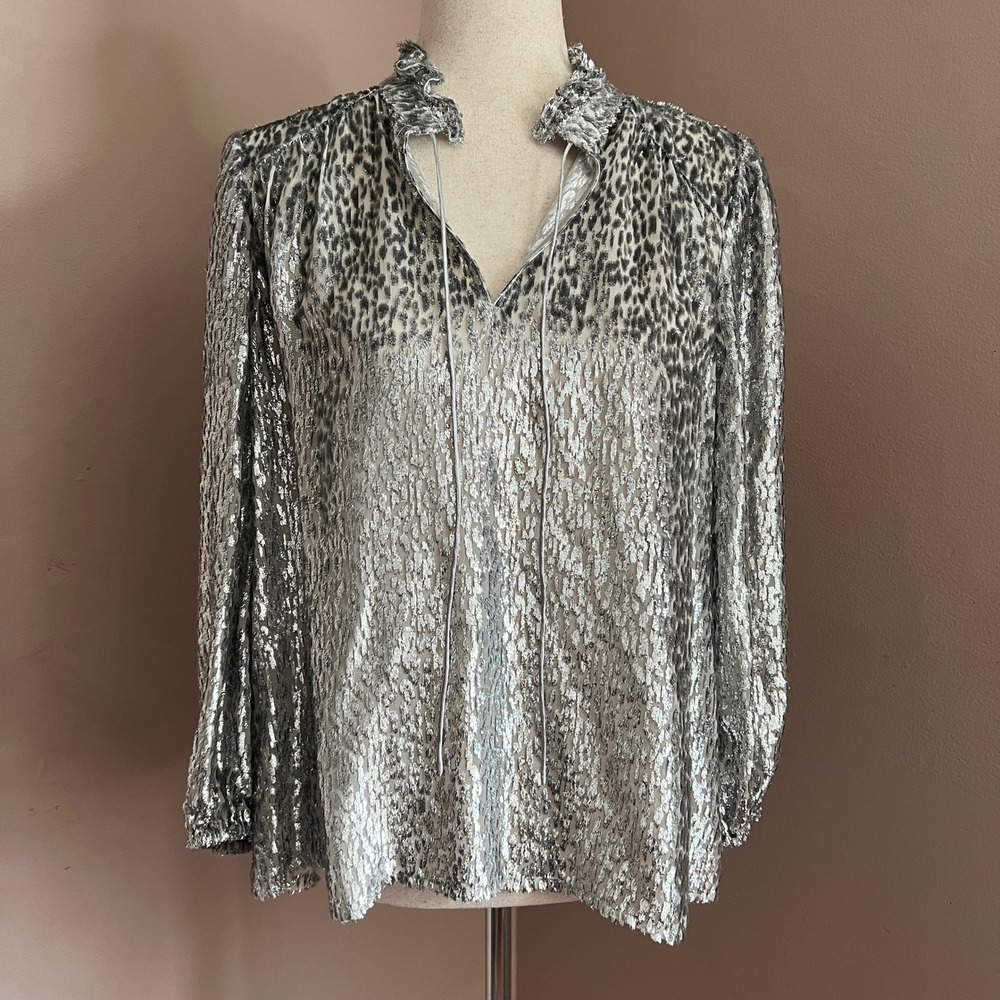 ba&sh Silver Dalla Metallic Silk Blend Blouse Ruffle Neck Parisian Party US Sz 6